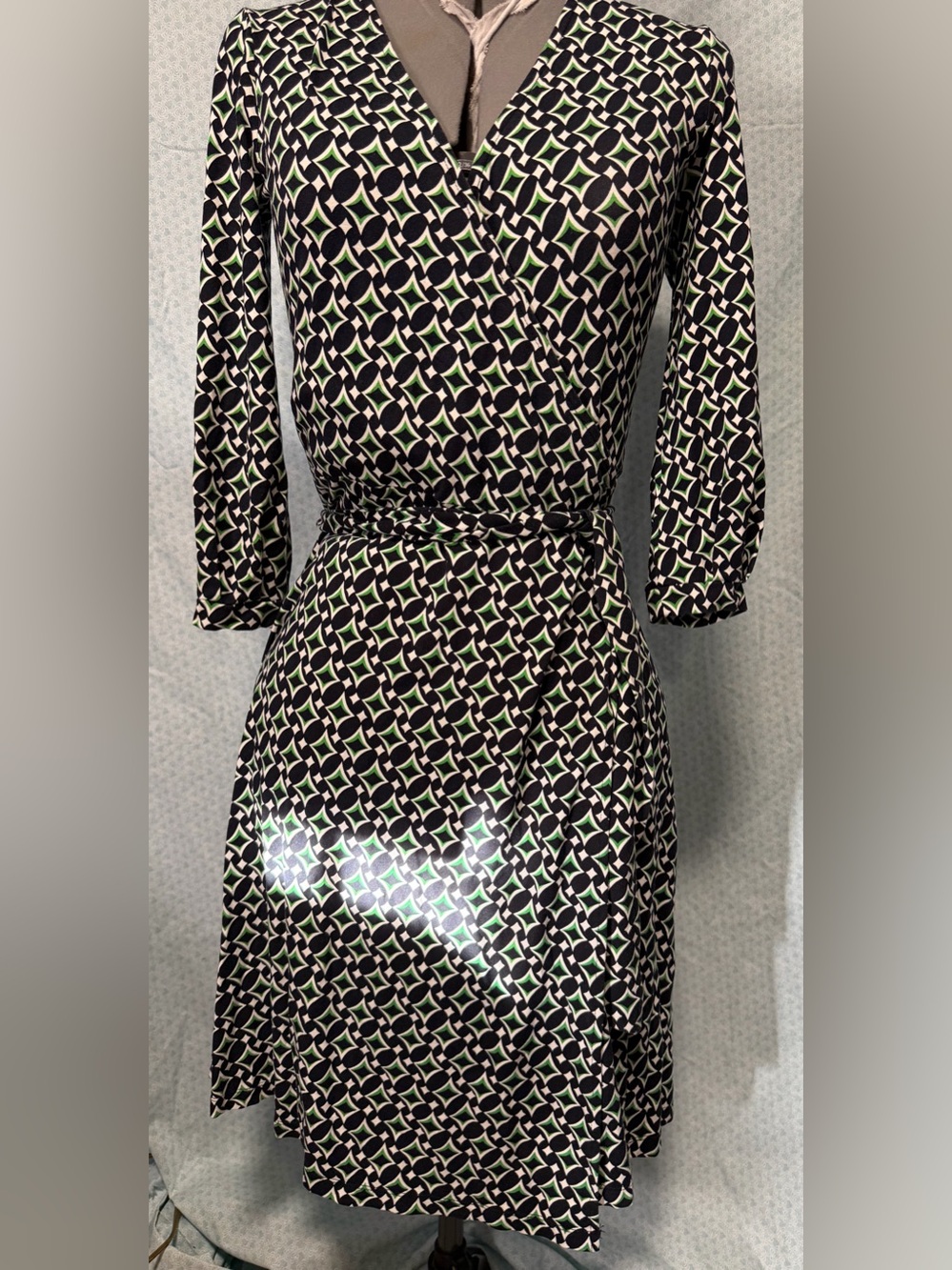 Anne Klein Black Geometric Wrap Dress with Cream & Green Accents